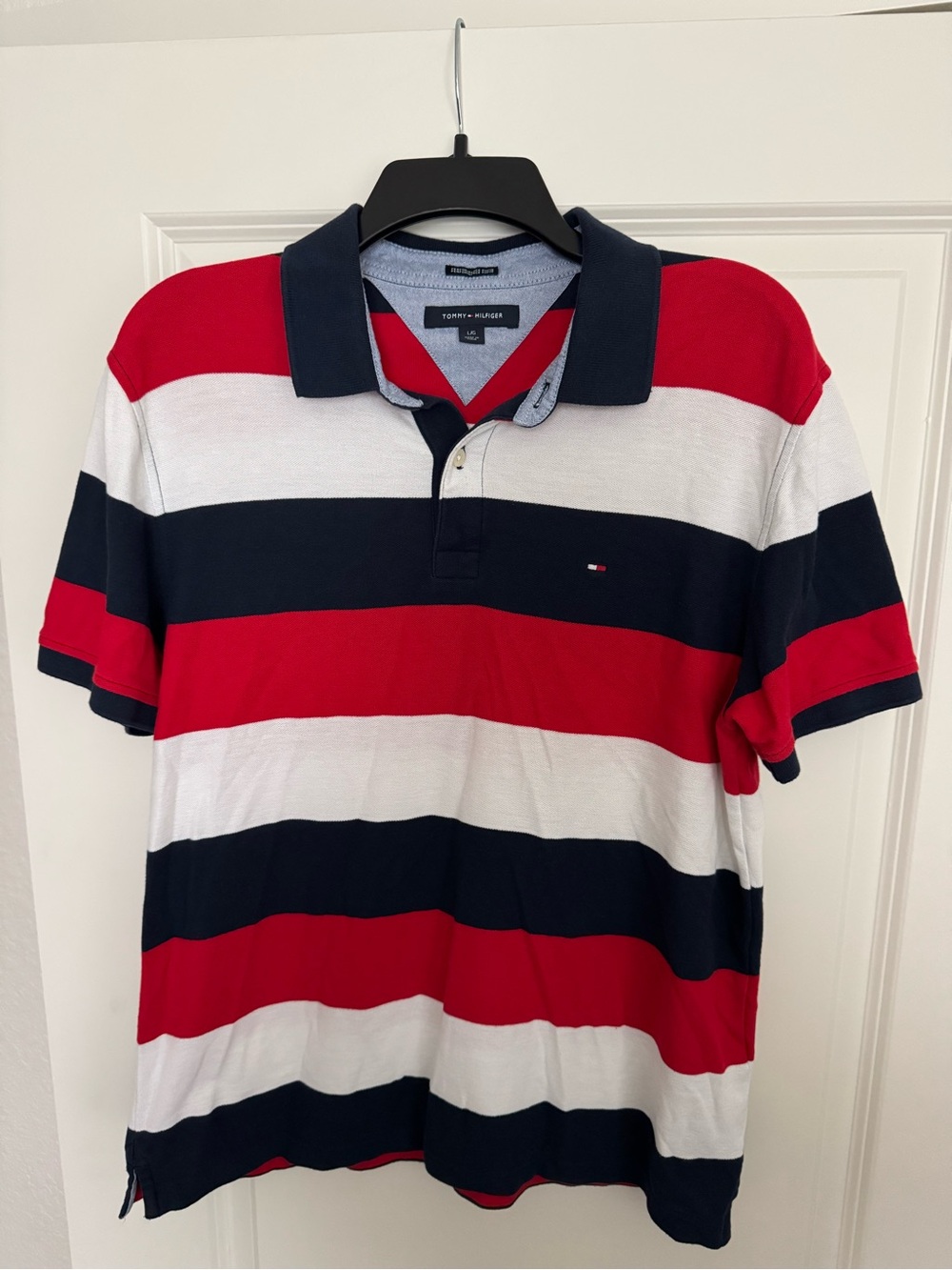 Tommy Hilfiger Red White Navy Horizontal Stripe Polo